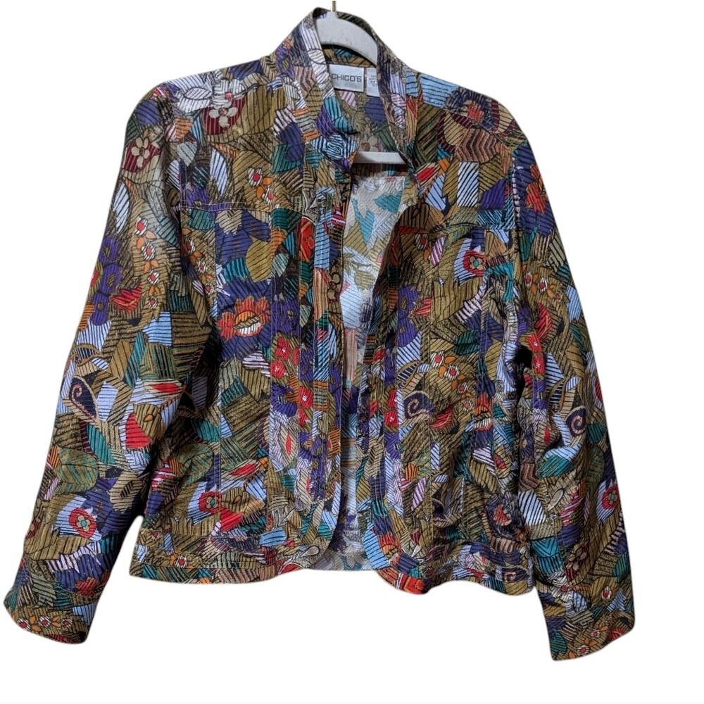 Chico's geometric print 100% silk blouse 2/ Medium art to wear jacket bolero